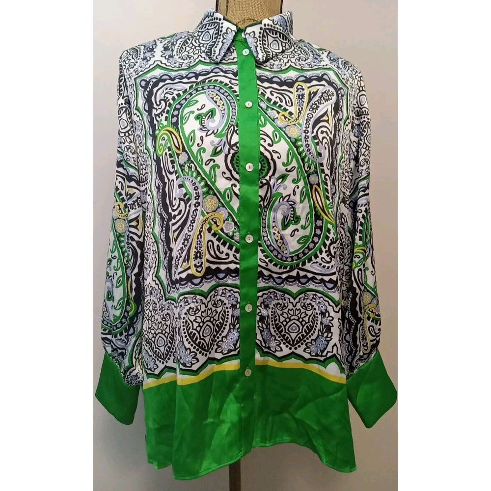 Zara‎ Women Green Paisley Multi Print Collared Blouse Size L